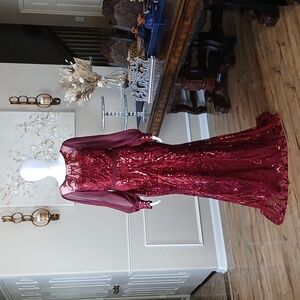 New Wine Formal Embellished Long Sleeves Sequined Floor-Length Gown. Size M